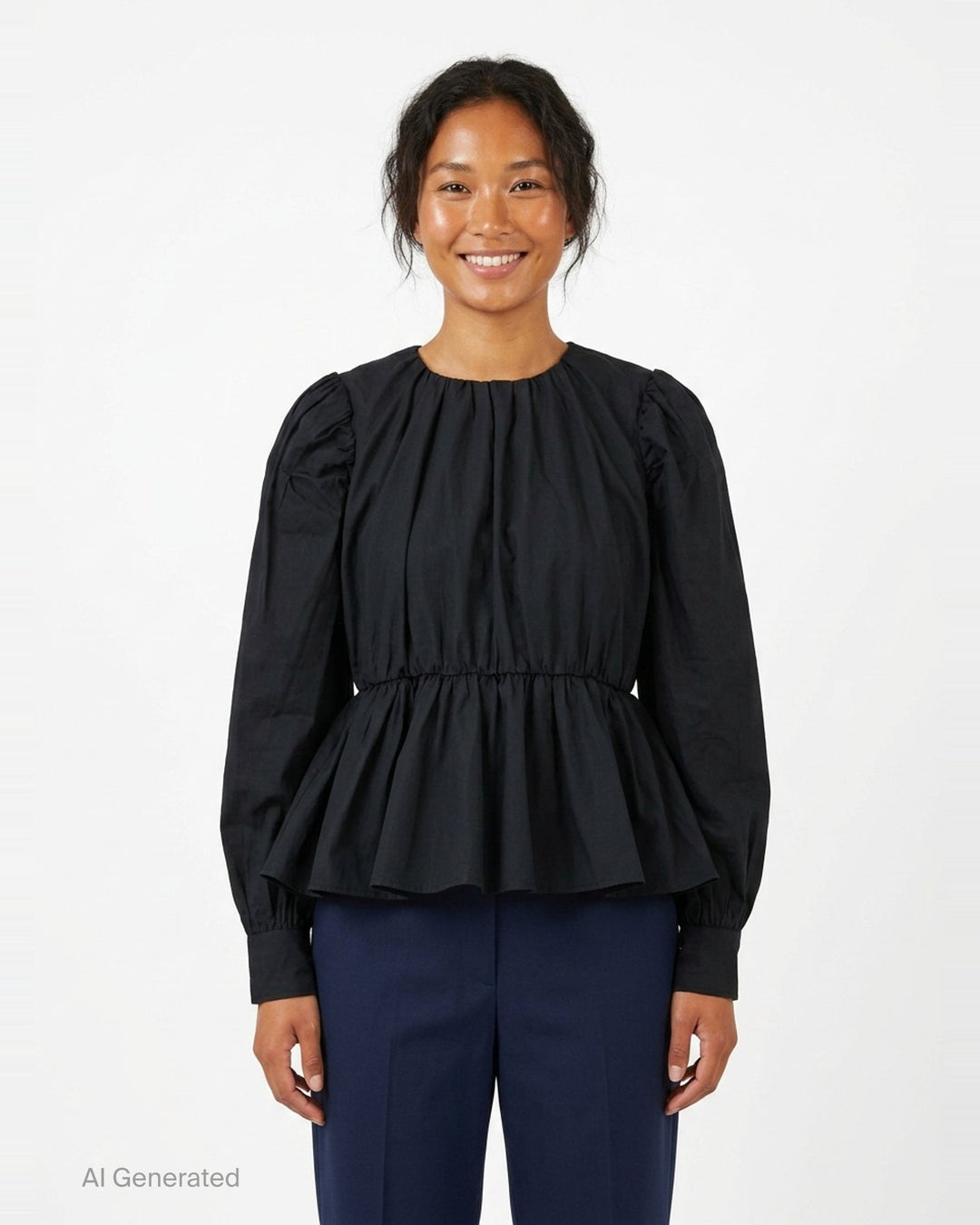 Ganni Compact Poplin Gathered Peplum Top in black, featuring a ruched neckline, voluminous long sleeves with elasticated cuffs, and a flared peplum hem with elasticated waistband - front