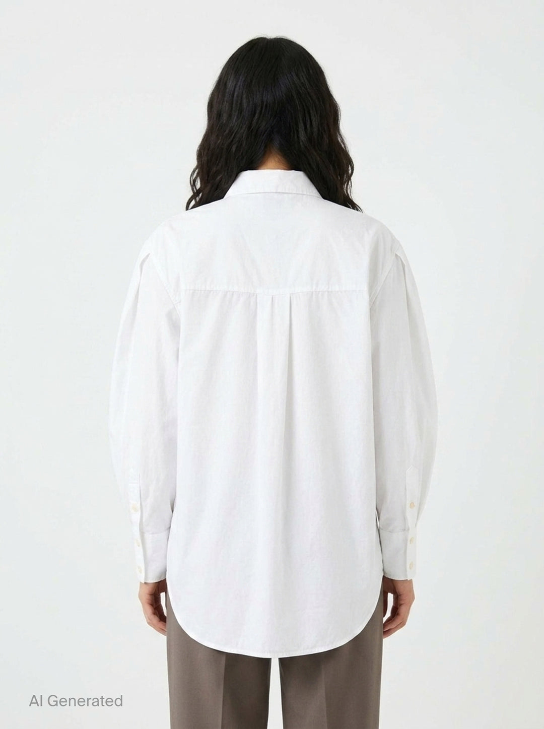 Ganni Compact Poplin Pleated Sleeve Shirt in white, featuring voluminous gathered sleeves, button-front placket with pearlescent buttons, and a patch chest pocket - back