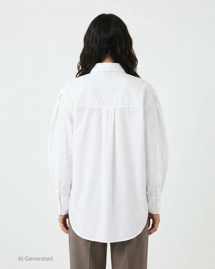 Ganni Compact Poplin Pleated Sleeve Shirt in white, featuring voluminous gathered sleeves, button-front placket with pearlescent buttons, and a patch chest pocket - back