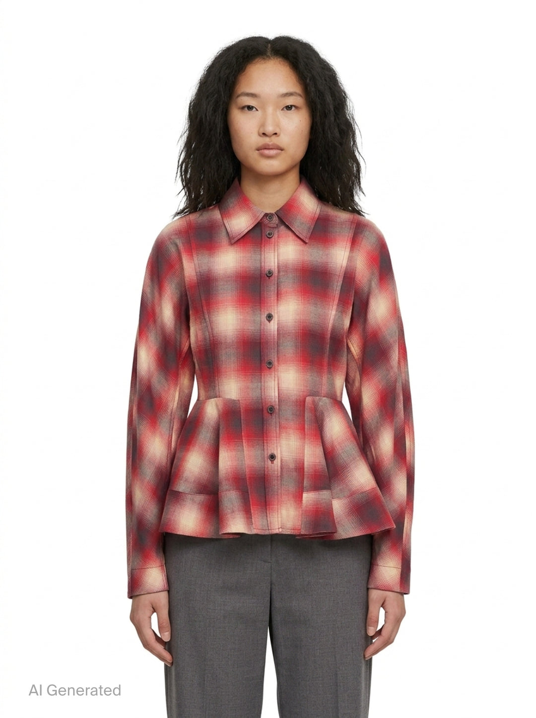 Cotton Flannel Check Peplum Shirt | Ganni | Club21 - front