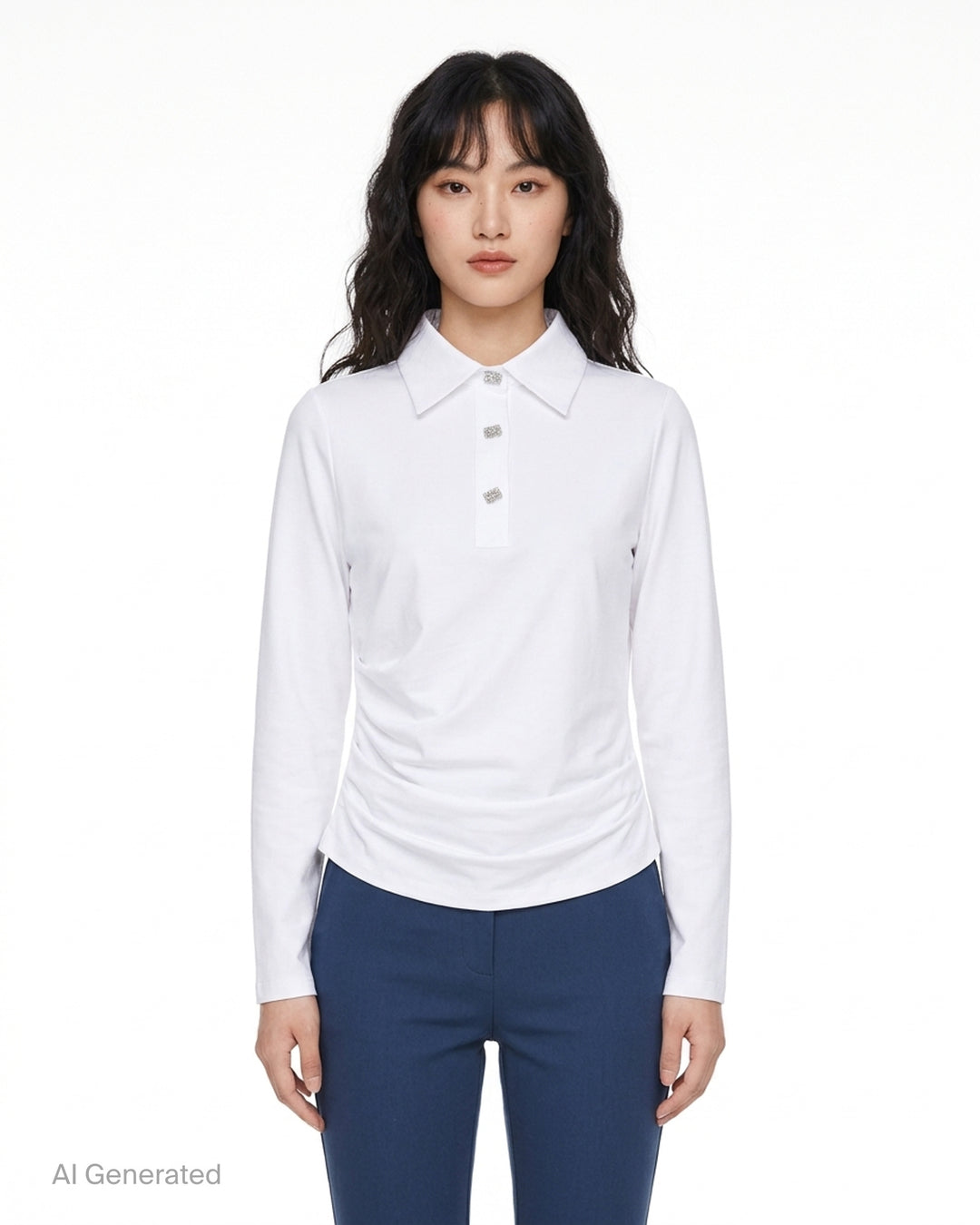 White long sleeve polo top with pointed collar, crystal buttons and ruched side draping - front