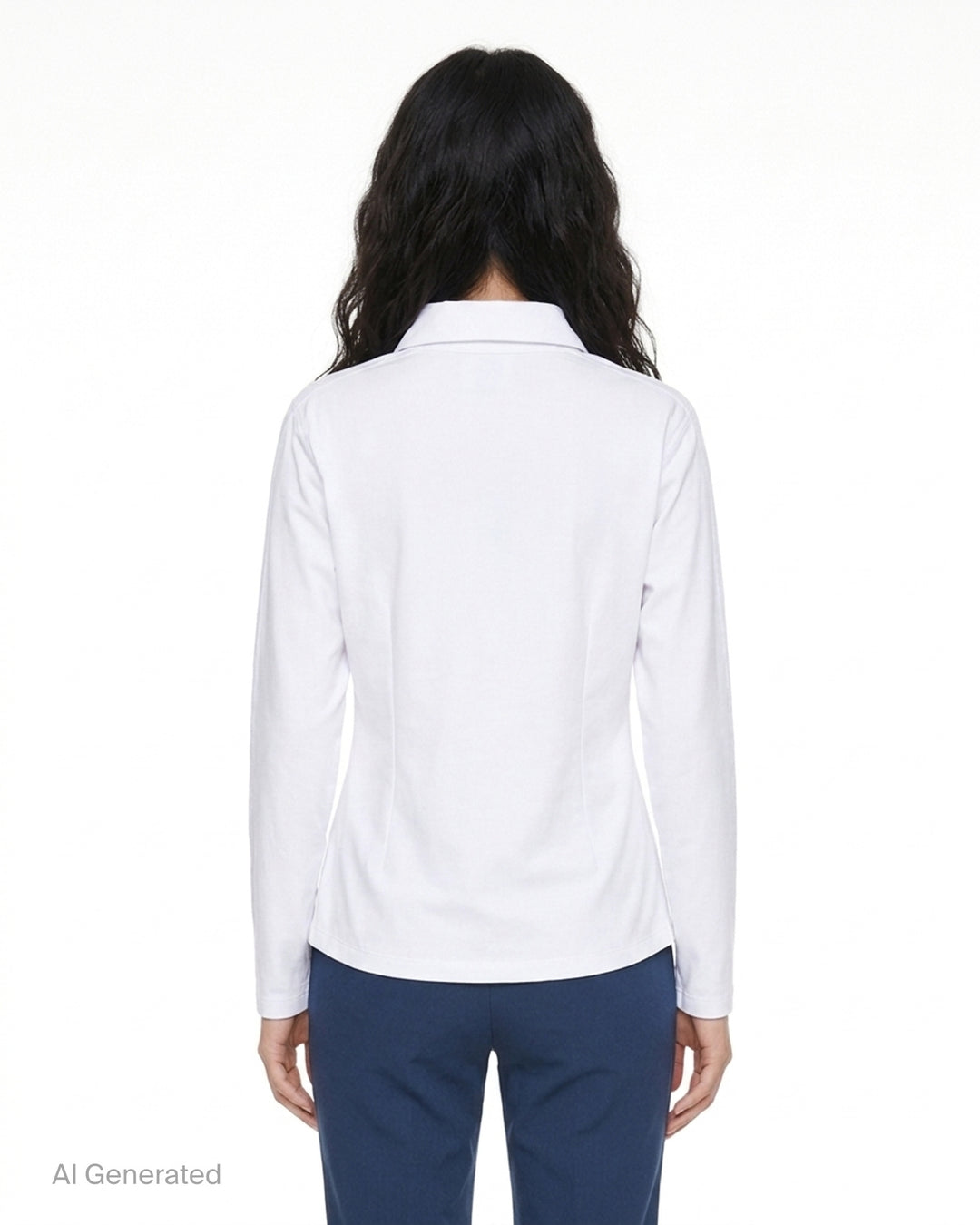 White long sleeve polo top with pointed collar, crystal buttons and ruched side draping - back