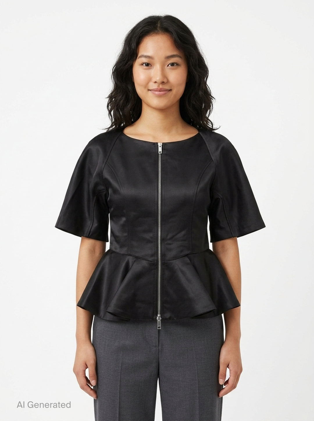 Ganni Duchesse Satin Peplum Zip Blouse in deep brown, displayed flat, featuring a full-length two-way zip, structured flared half-sleeves, and a dramatic fluted peplum hem - front