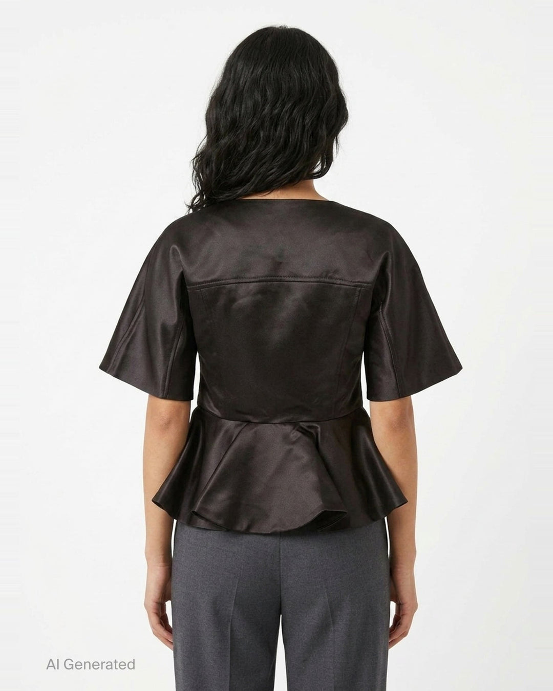 Ganni Duchesse Satin Peplum Zip Blouse in deep brown, displayed flat, featuring a full-length two-way zip, structured flared half-sleeves, and a dramatic fluted peplum hem - back