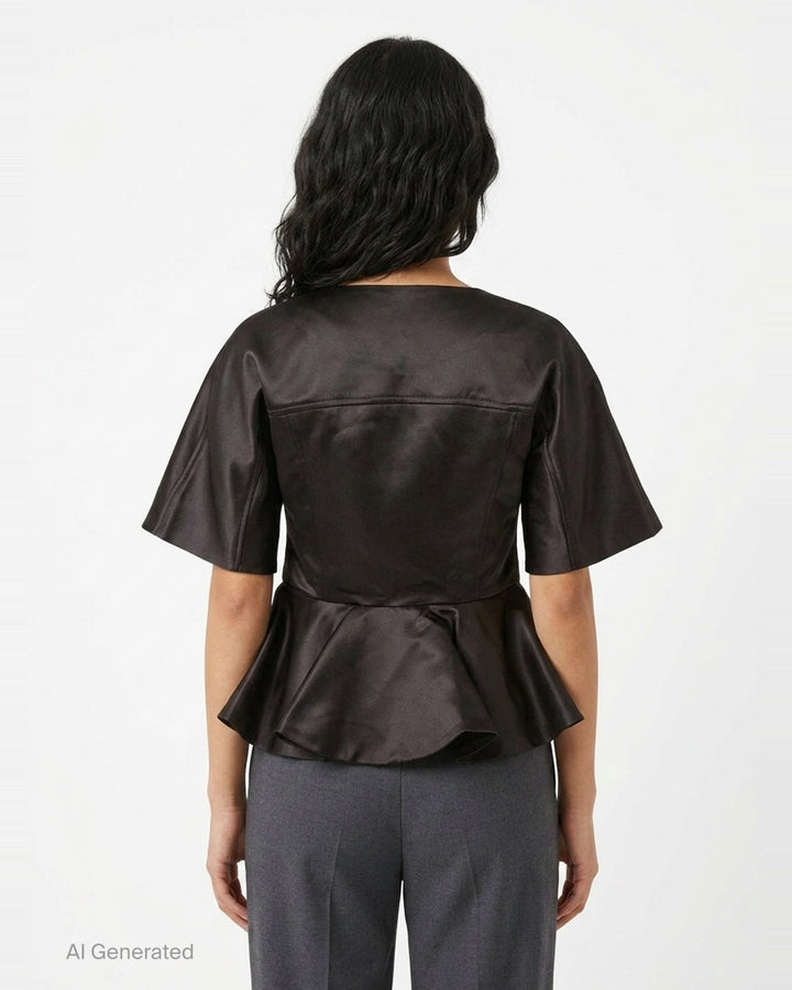 Ganni Duchesse Satin Peplum Zip Blouse in deep brown, displayed flat, featuring a full-length two-way zip, structured flared half-sleeves, and a dramatic fluted peplum hem - back