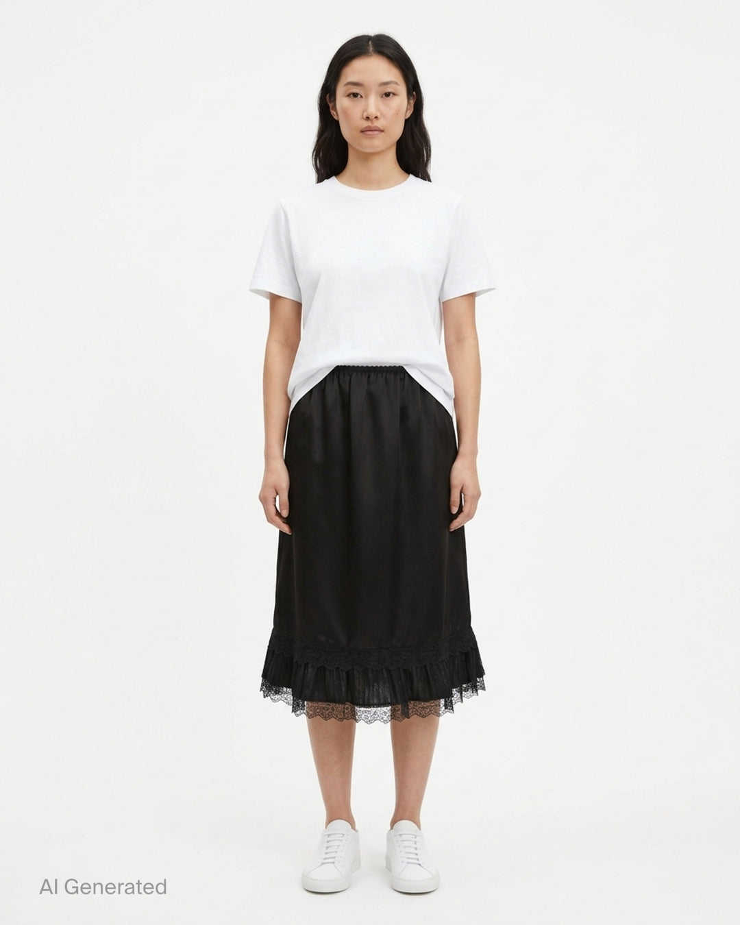 Ganni black fluid satin knee-length slip skirt with elasticated waist and tiered logo-embroidered lace frill hem - front