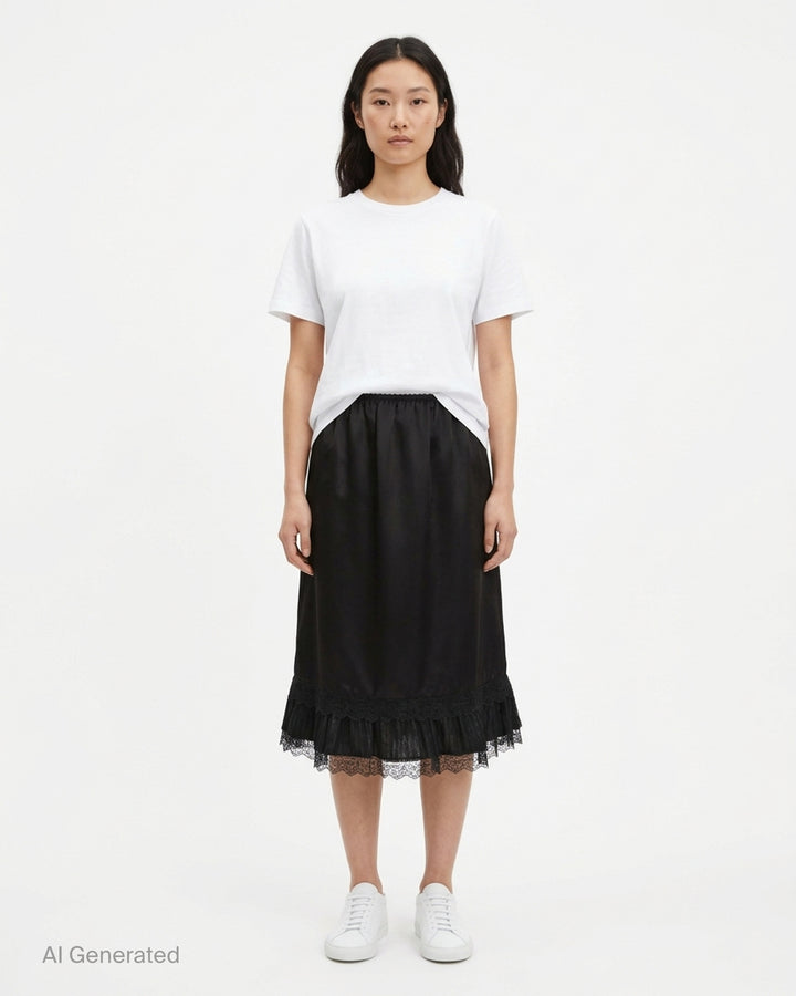 Ganni black fluid satin knee-length slip skirt with elasticated waist and tiered logo-embroidered lace frill hem - front
