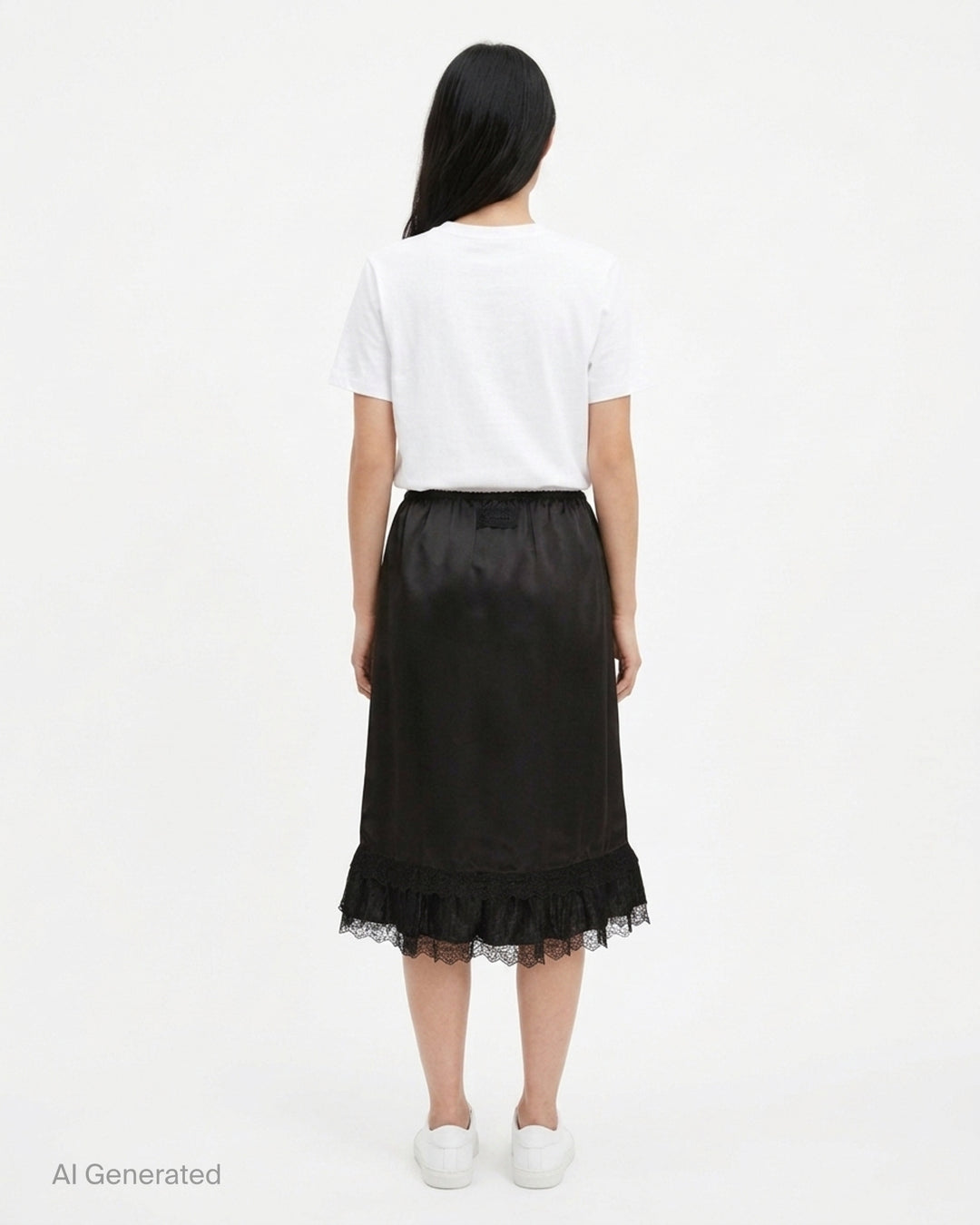 Ganni black fluid satin knee-length slip skirt with elasticated waist and tiered logo-embroidered lace frill hem - back