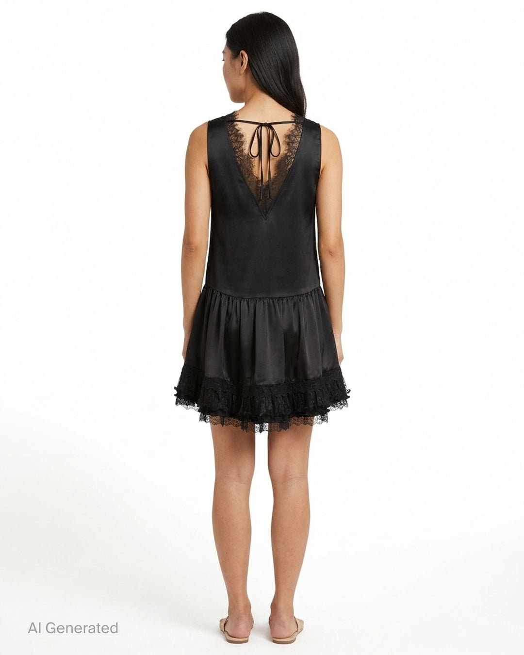 GANNI black fluid satin sleeveless mini dress with lace-trimmed V-neckline, tie back detail and tiered pleated lace ruffle hem - back