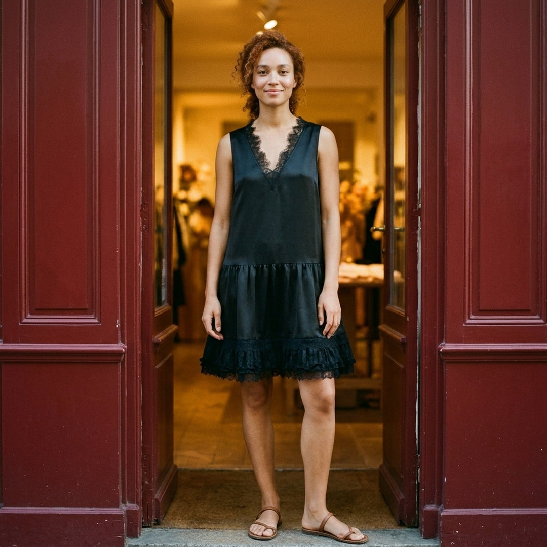 GANNI black fluid satin sleeveless mini dress with lace-trimmed V-neckline, tie back detail and tiered pleated lace ruffle hem - lifestyle