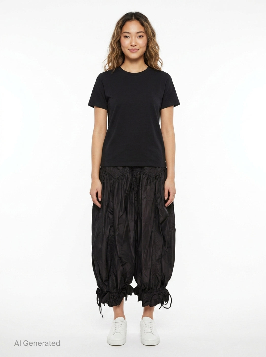 Ganni Flyweight Nylon Balloon Pants in black, featuring a smocked yoke, voluminous gathered body, and ruched tie ankles, displayed flat on a white background - front