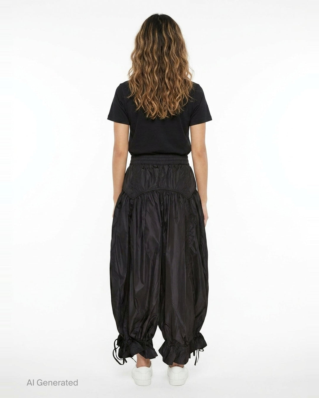 Ganni Flyweight Nylon Balloon Pants in black, featuring a smocked yoke, voluminous gathered body, and ruched tie ankles, displayed flat on a white background - back