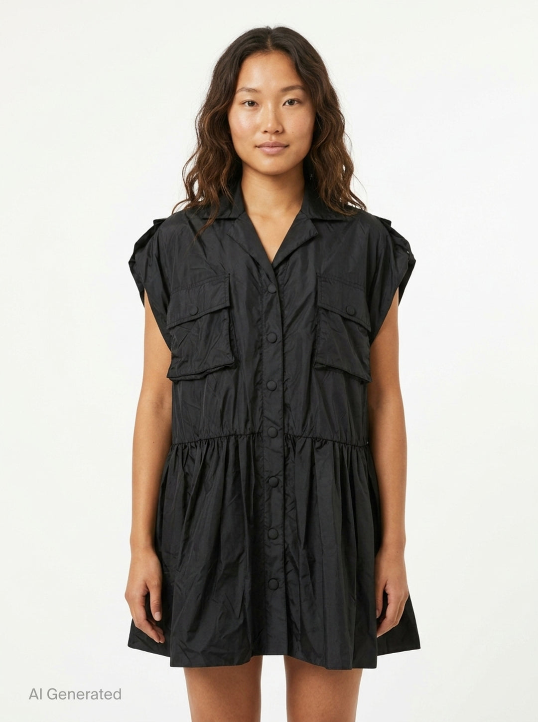 Ganni Flyweight Nylon Mini Utility Dress in black, featuring a camp collar, tonal snap button placket, oversized chest cargo pockets, and a gathered tiered flared skirt - front