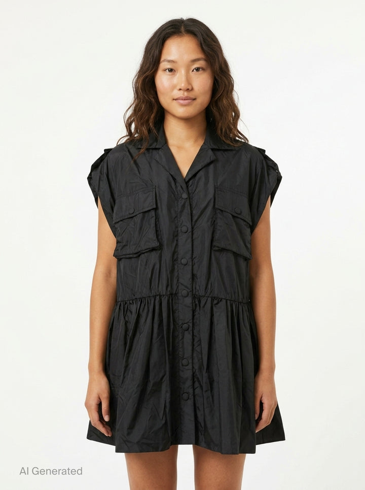 Ganni Flyweight Nylon Mini Utility Dress in black, featuring a camp collar, tonal snap button placket, oversized chest cargo pockets, and a gathered tiered flared skirt - front