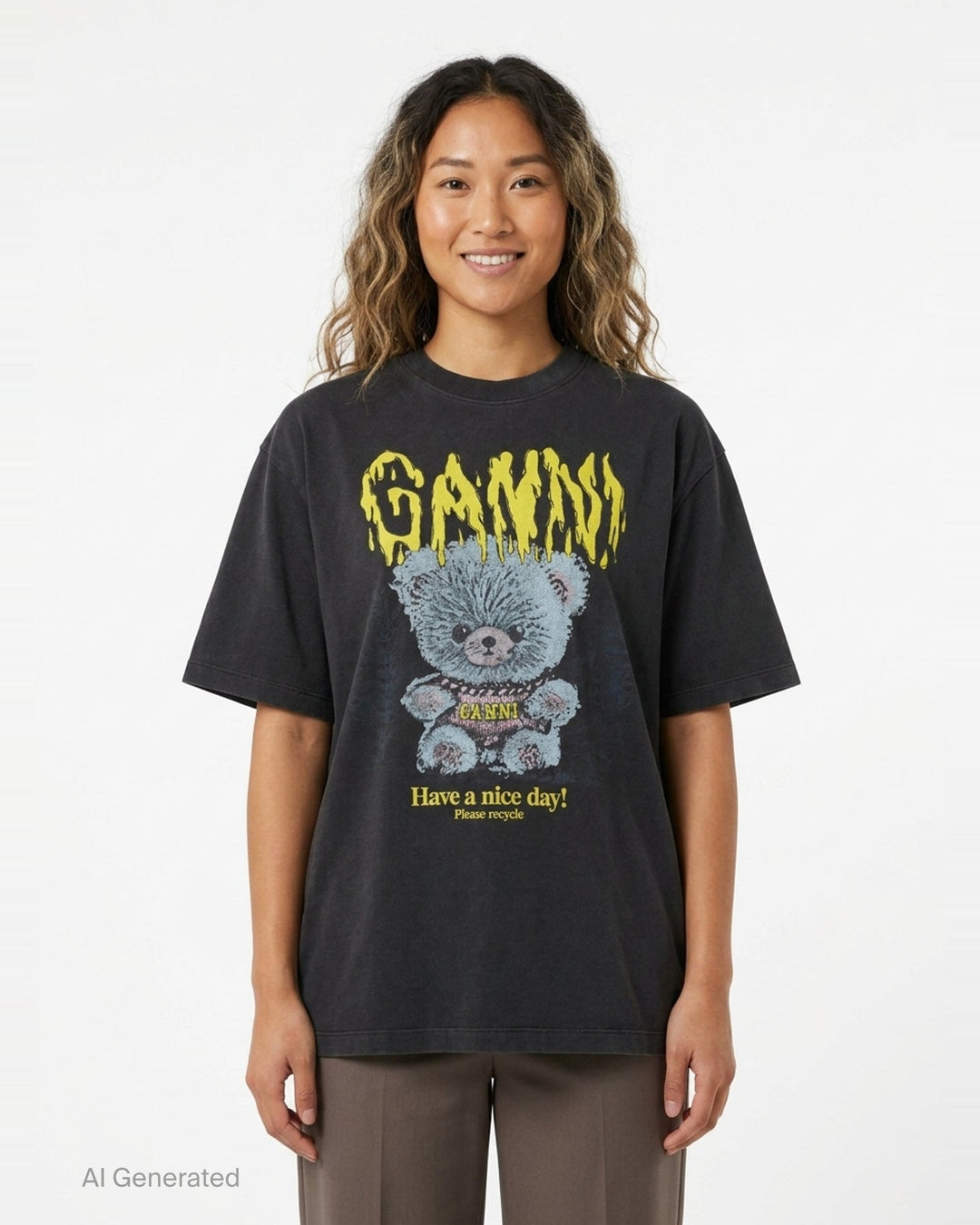 Ganni Heavy Cotton Forest Ted T-shirt in washed black, featuring a yellow drip-style Ganni logo above a teddy bear mascot graphic and 'Have a nice day! Please recycle' slogan print - front