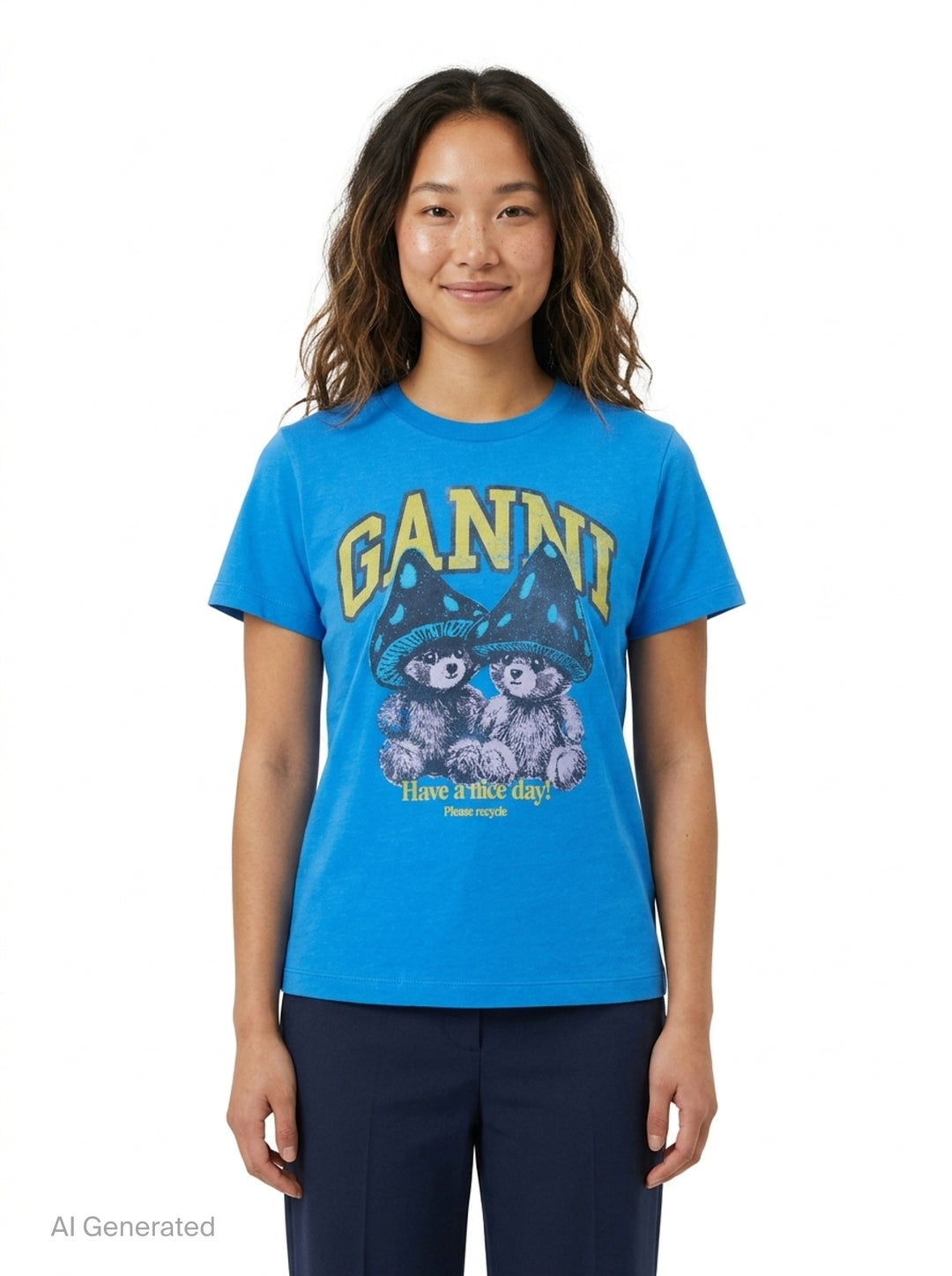 Ganni Heavy Jersey Baby Fit Tee in bright blue with collegiate Ganni logo, mushroom bear graphic, and 'Have a nice day! Please recycle' slogan print on the chest - front