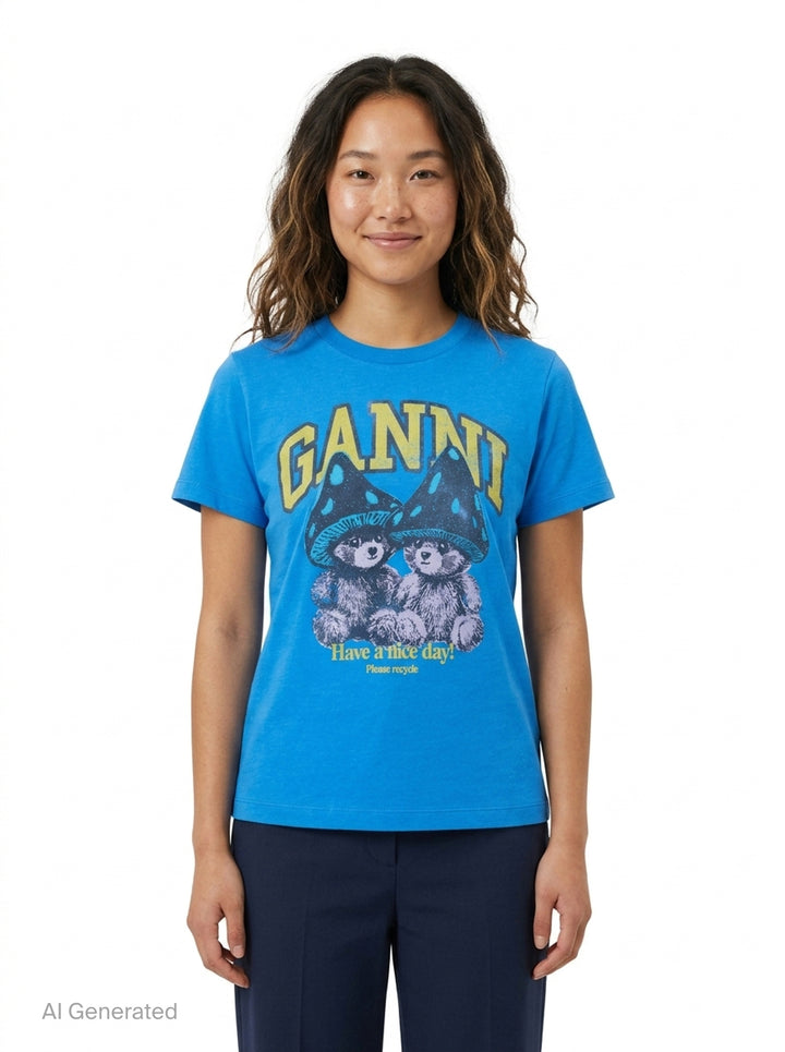 Ganni Heavy Jersey Baby Fit Tee in bright blue with collegiate Ganni logo, mushroom bear graphic, and 'Have a nice day! Please recycle' slogan print on the chest - front