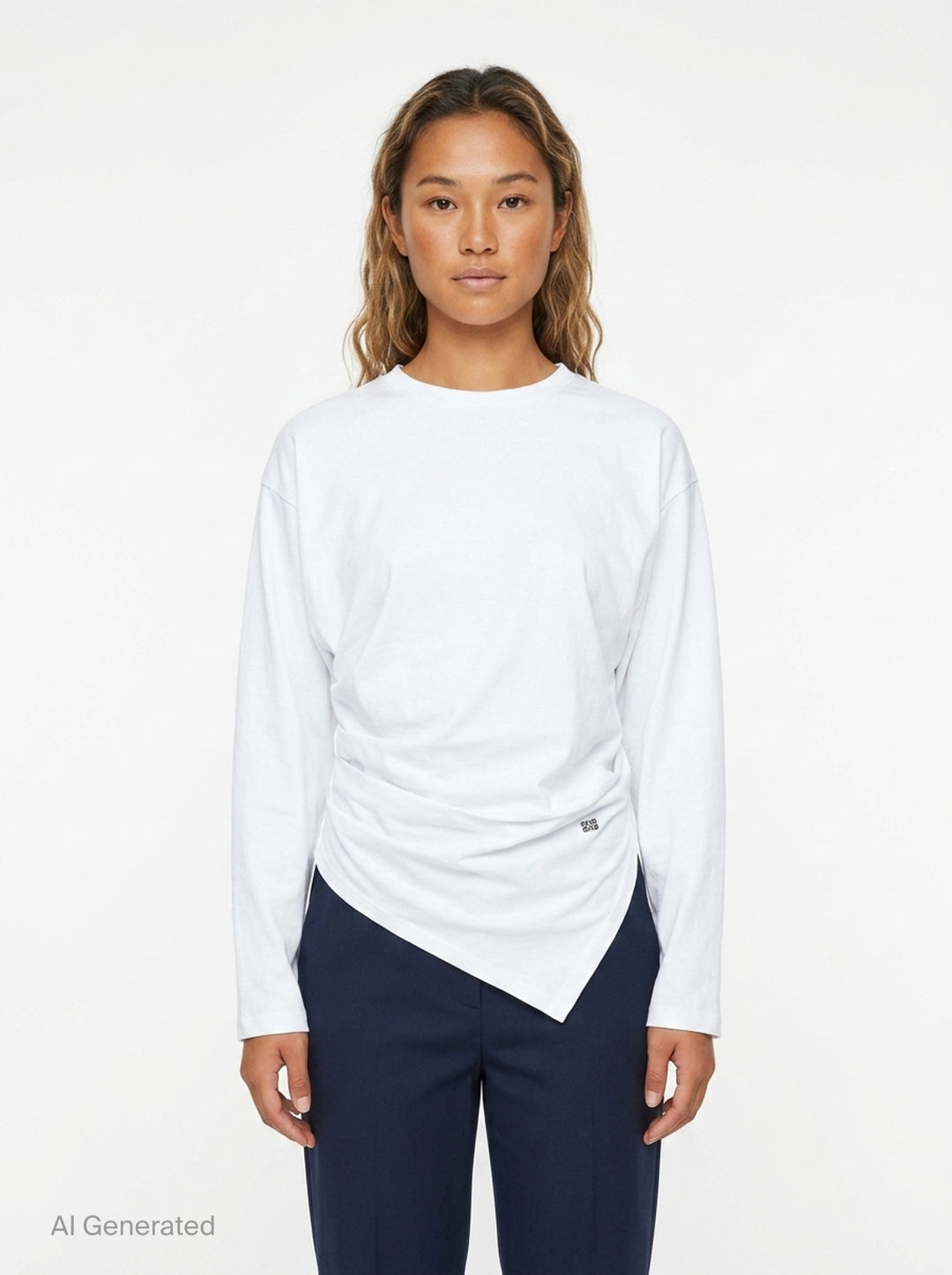 Ganni Heavy Stretch Cotton Draped Top in grey marl with long sleeves, crew neck, and asymmetric ruched waist detail - front