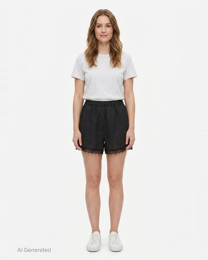Light Linen Lace Hem Shorts | Ganni | Club21 - front