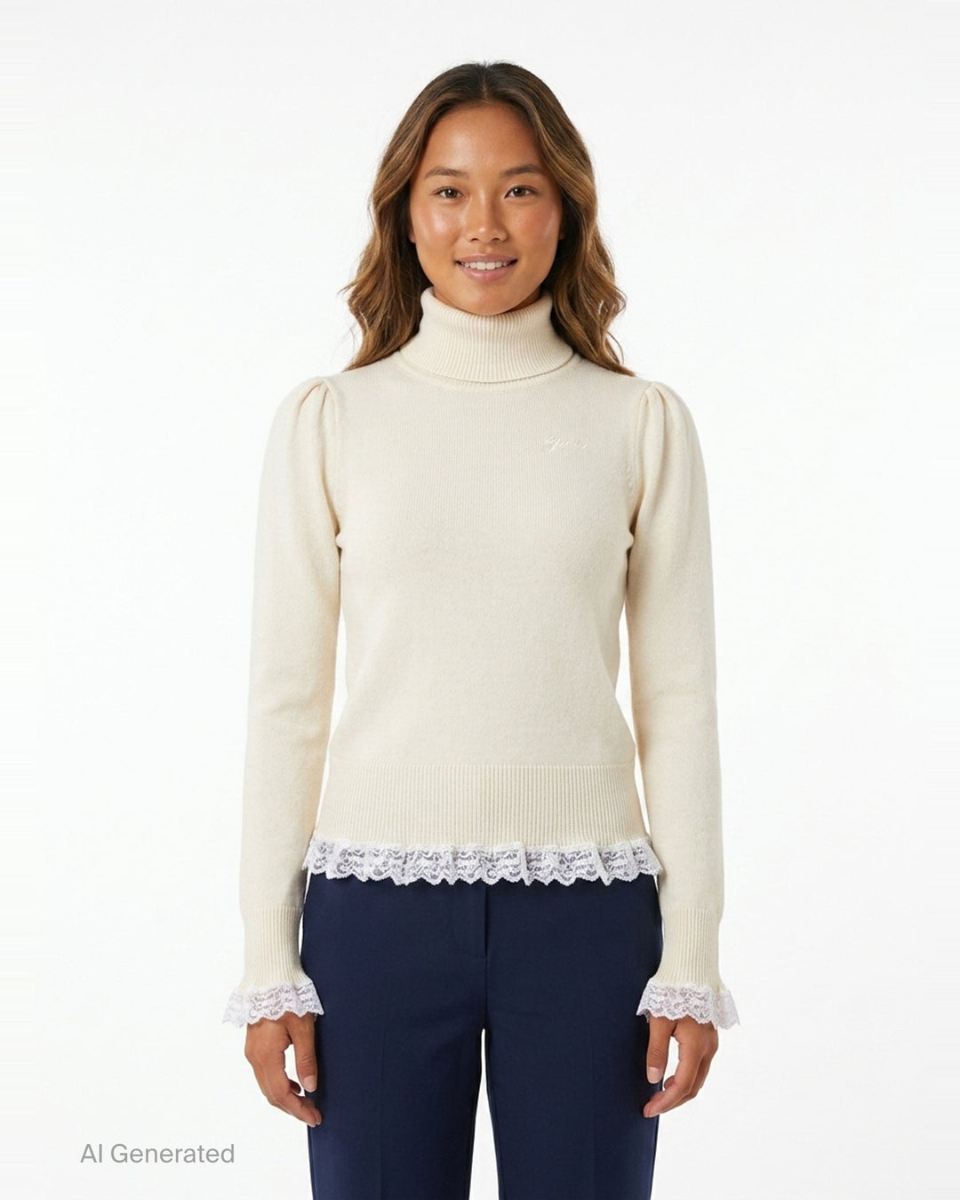 Ganni ivory merino wool turtleneck with puff sleeves, fluted lace-trimmed cuffs, and white lace frill hem detail, product flat lay on white background - front