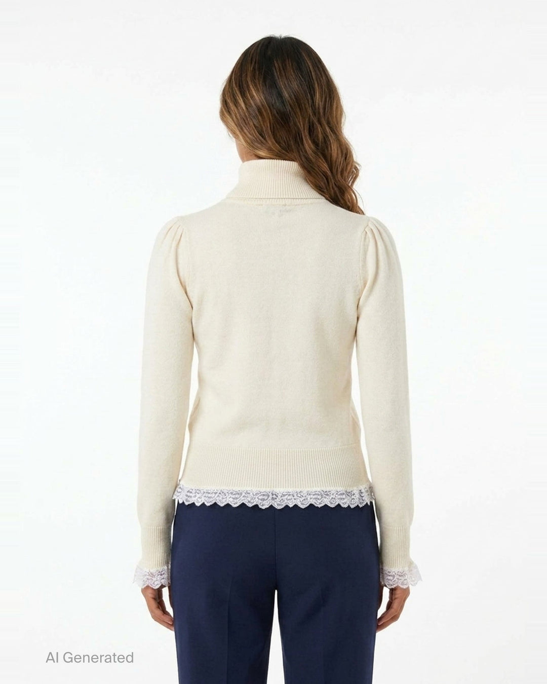 Ganni ivory merino wool turtleneck with puff sleeves, fluted lace-trimmed cuffs, and white lace frill hem detail, product flat lay on white background - back
