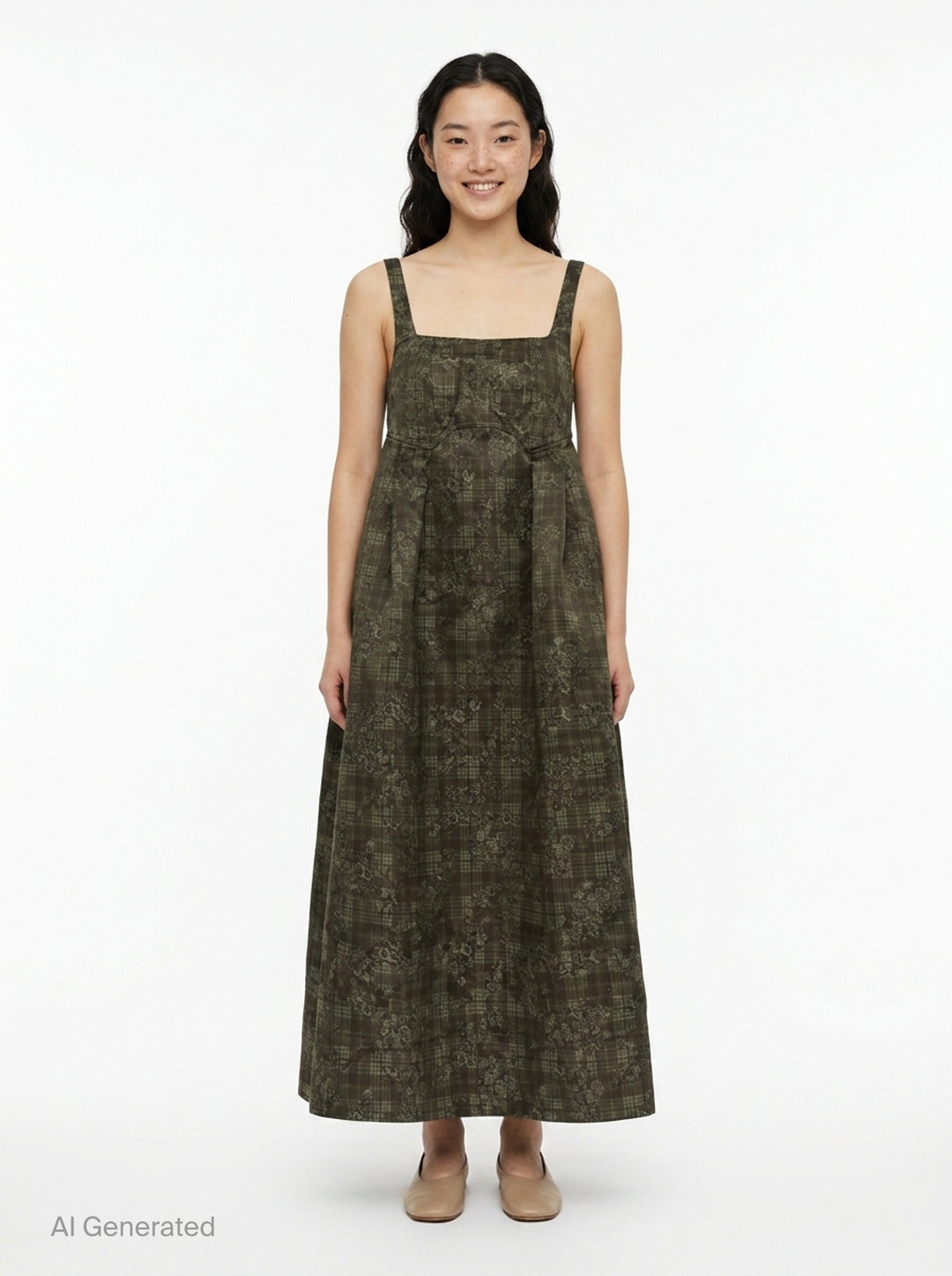 Ganni Printed Duchesse Satin Corset Dress in dark olive green plaid floral jacquard, featuring a square neckline, structured bodice, and full pleated A-line midi skirt - front