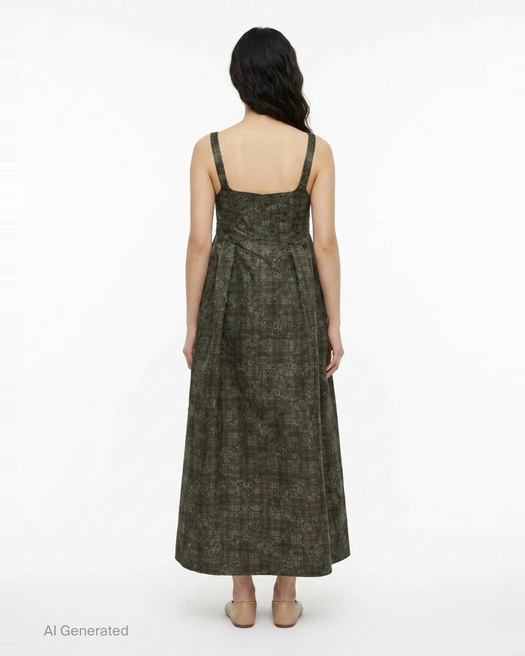 Ganni Printed Duchesse Satin Corset Dress in dark olive green plaid floral jacquard, featuring a square neckline, structured bodice, and full pleated A-line midi skirt - back