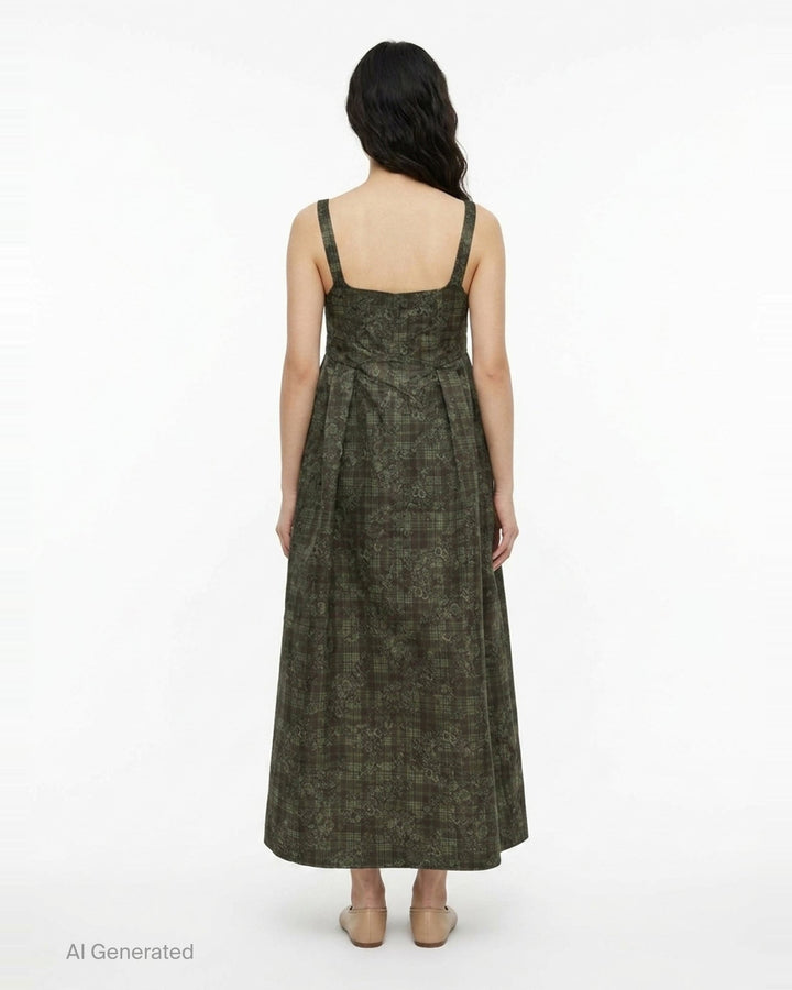 Ganni Printed Duchesse Satin Corset Dress in dark olive green plaid floral jacquard, featuring a square neckline, structured bodice, and full pleated A-line midi skirt - back