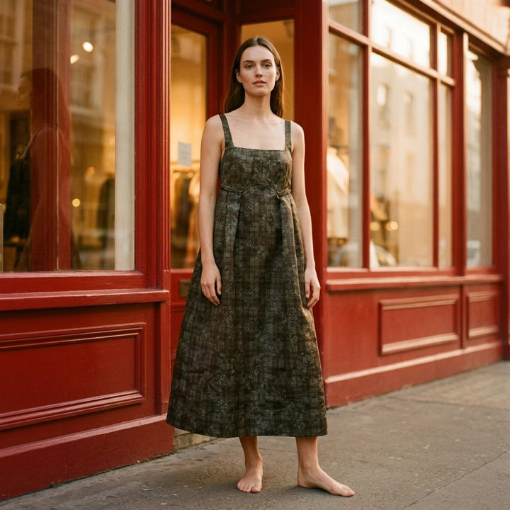 Ganni Printed Duchesse Satin Corset Dress in dark olive green plaid floral jacquard, featuring a square neckline, structured bodice, and full pleated A-line midi skirt - lifestyle