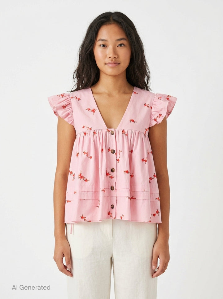 Printed Stretch Cotton Angel Top | Ganni | Club21 - front