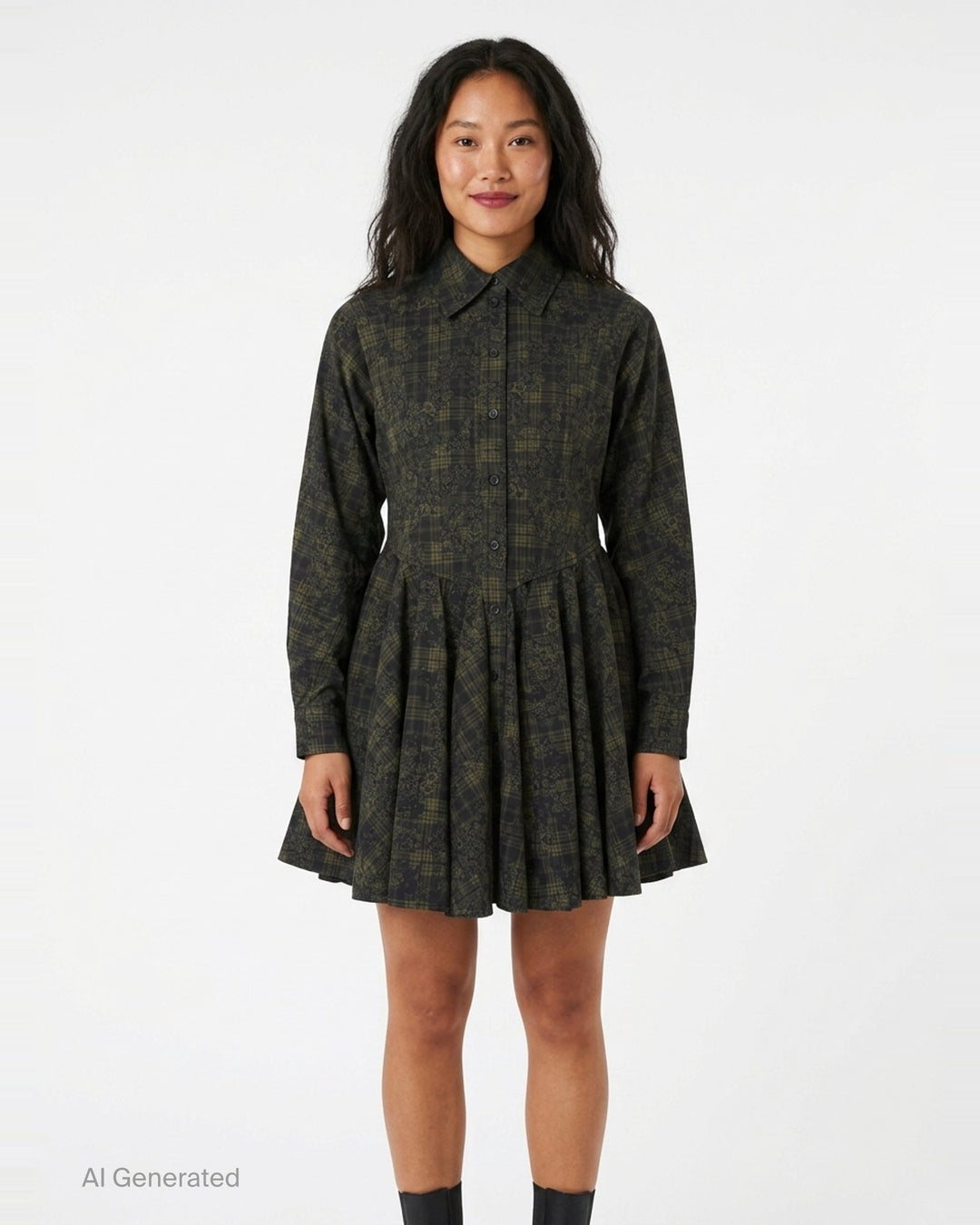 Ganni Printed Stretch Cotton Peplum Dress in dark green floral tartan, featuring a point collar, button-through front, and voluminous gathered skirt with ruffle hem - front