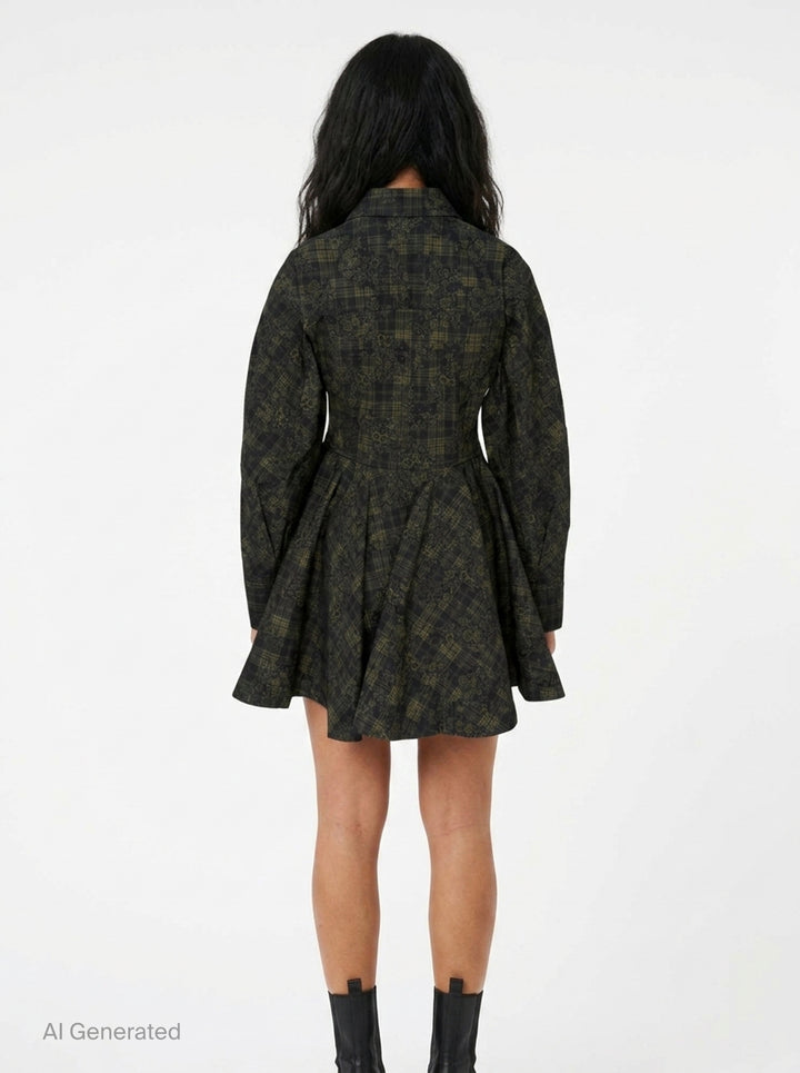 Ganni Printed Stretch Cotton Peplum Dress in dark green floral tartan, featuring a point collar, button-through front, and voluminous gathered skirt with ruffle hem - back