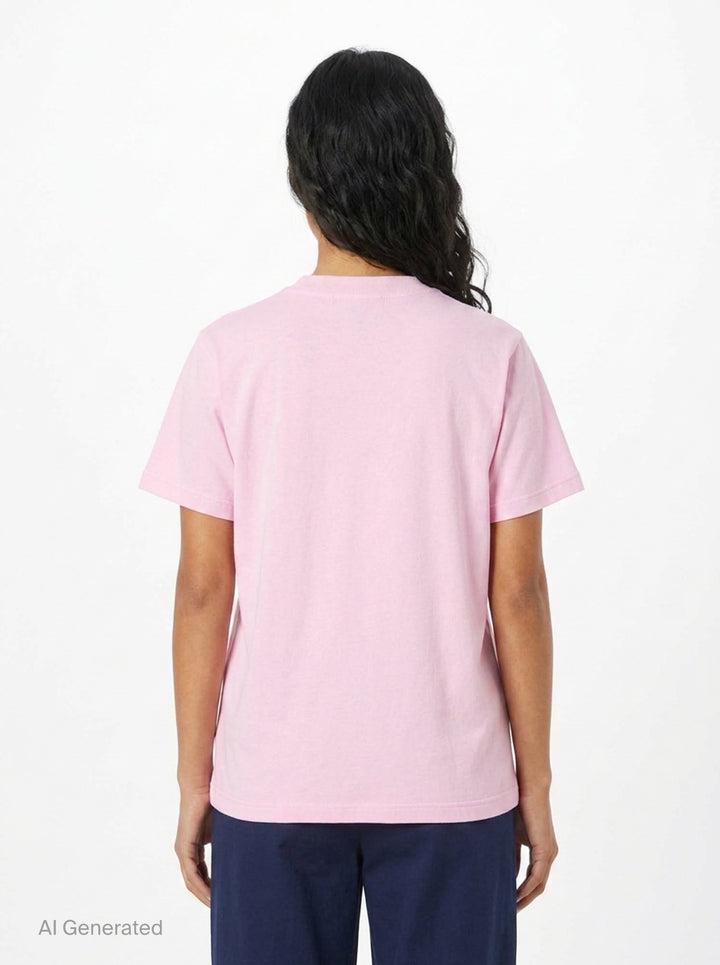 Ganni pink relaxed cotton t-shirt with gothic logo lettering and fluffy teddy bear woodland graphic print and 'Have a nice day! Please recycle' slogan - back