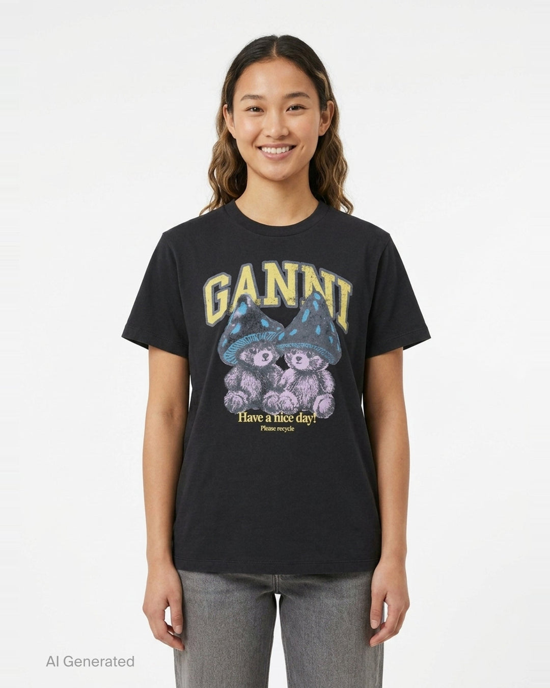 Ganni washed black relaxed cotton tee with distressed collegiate 'GANNI' lettering and a twin teddy bear mushroom graphic print reading 'Have a nice day! Please recycle' - front