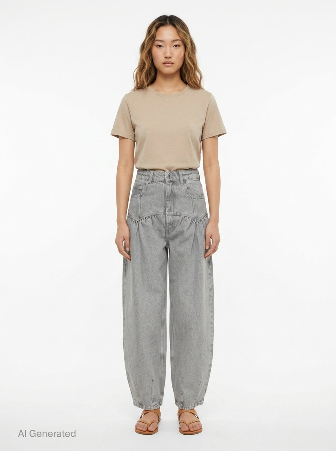 Ganni Rigid Denim Corset Jeans in light grey, featuring a high-rise waist, ruched corset seaming at the hip, and a wide balloon-leg silhouette tapering to small hem vents — front view on white background - front