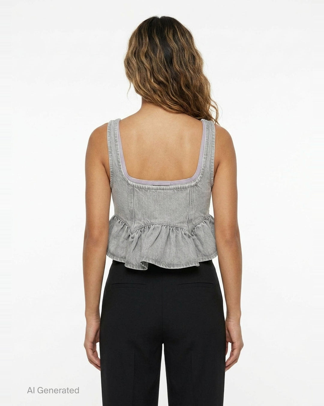 Ganni Rigid Denim Flounce Top in light grey wash, featuring a structured seamed bodice, three branded silver snap buttons at the centre front, wide shoulder straps, scoop neckline, and a gathered peplum ruffle hem - back