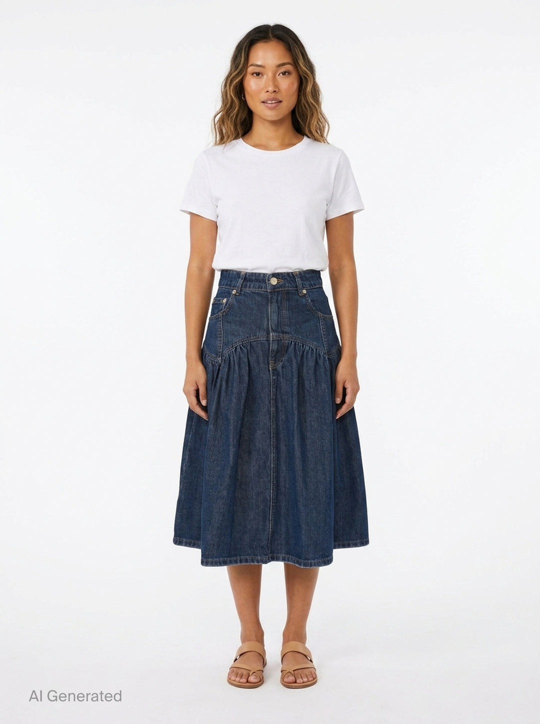 Ganni Slub Mix Denim Midi Skirt in washed indigo, featuring a high waistband, gathered tier seam, front patch pockets with gold rivets, and a full A-line silhouette with contrast orange topstitching - front