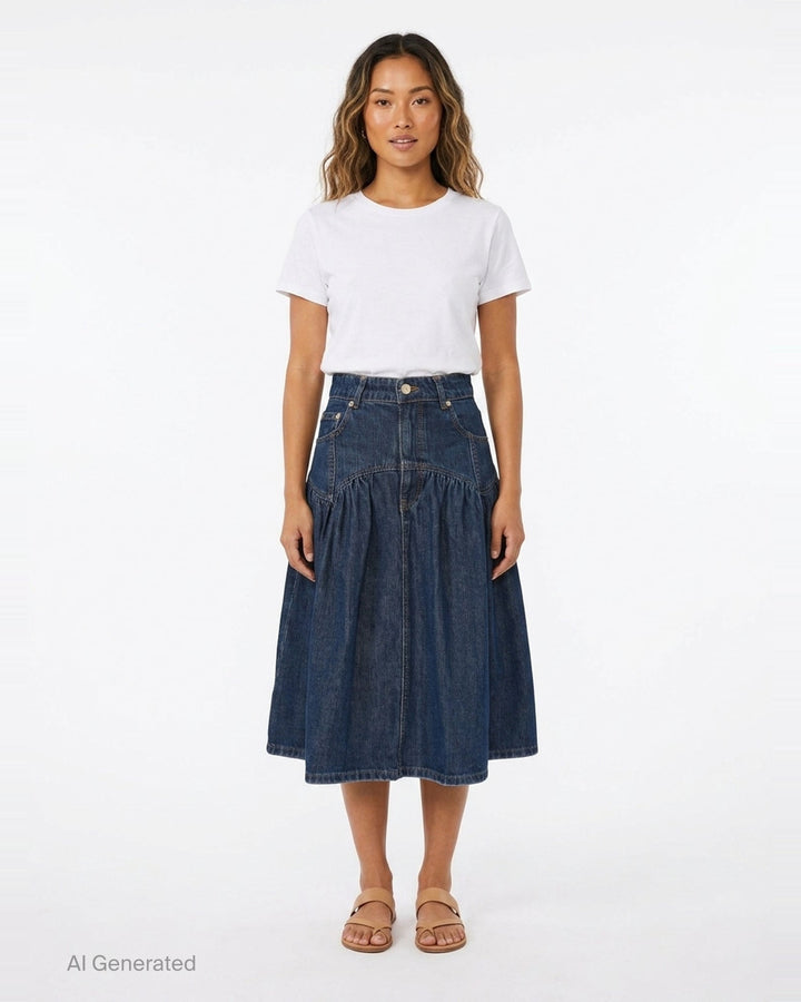 Ganni Slub Mix Denim Midi Skirt in washed indigo, featuring a high waistband, gathered tier seam, front patch pockets with gold rivets, and a full A-line silhouette with contrast orange topstitching - front