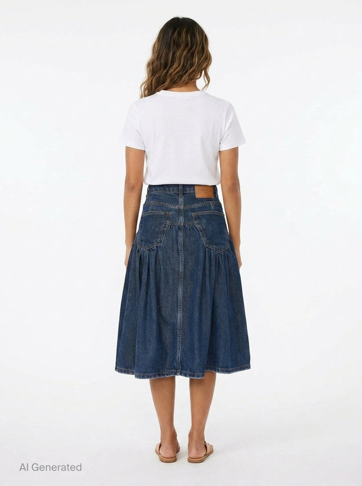 Ganni Slub Mix Denim Midi Skirt in washed indigo, featuring a high waistband, gathered tier seam, front patch pockets with gold rivets, and a full A-line silhouette with contrast orange topstitching - back
