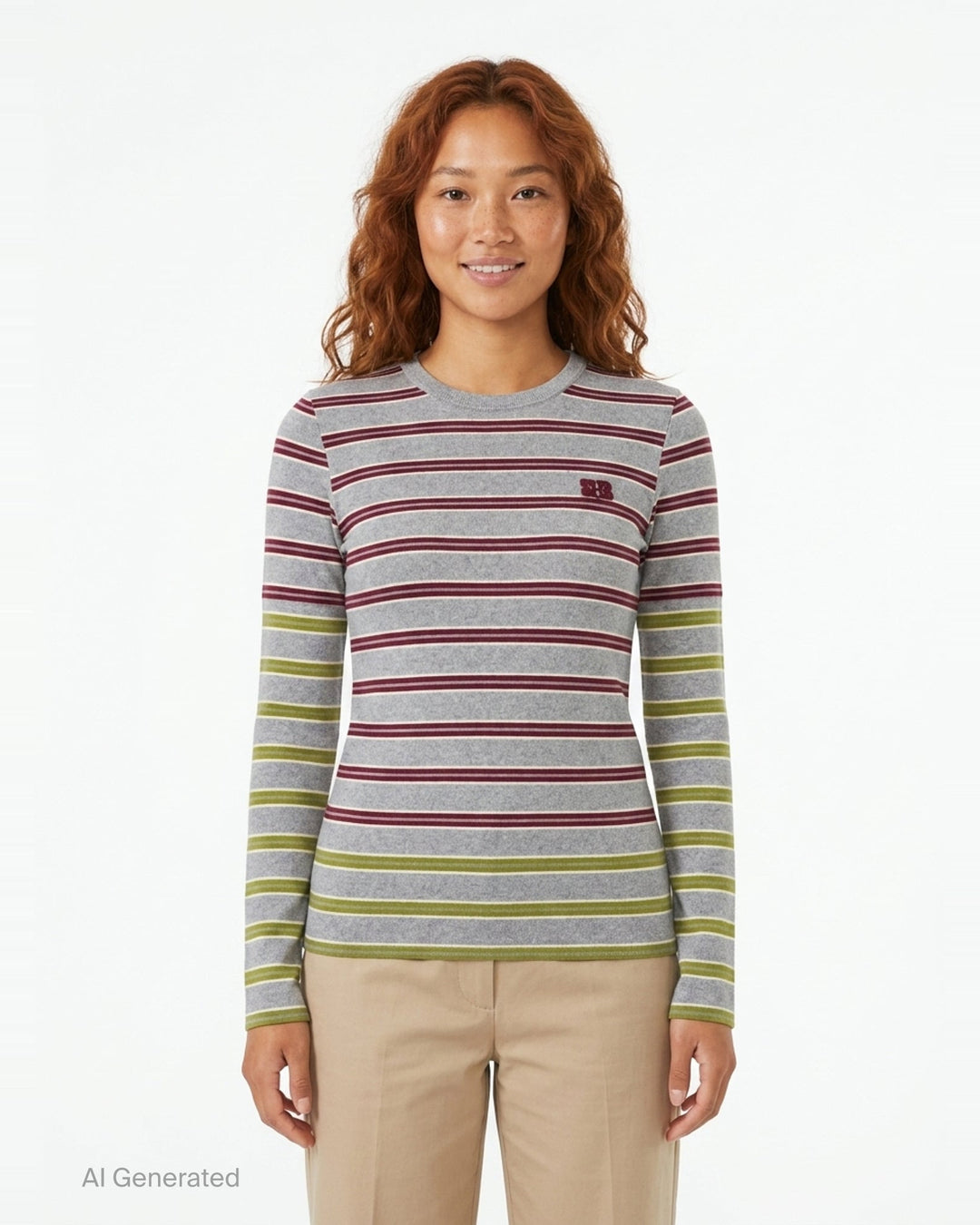 Ganni Soft Cotton Rib Long Sleeve Top in heathered grey with burgundy and olive-yellow horizontal stripes, featuring an embroidered Ganni logo on the chest and a round neckline - front
