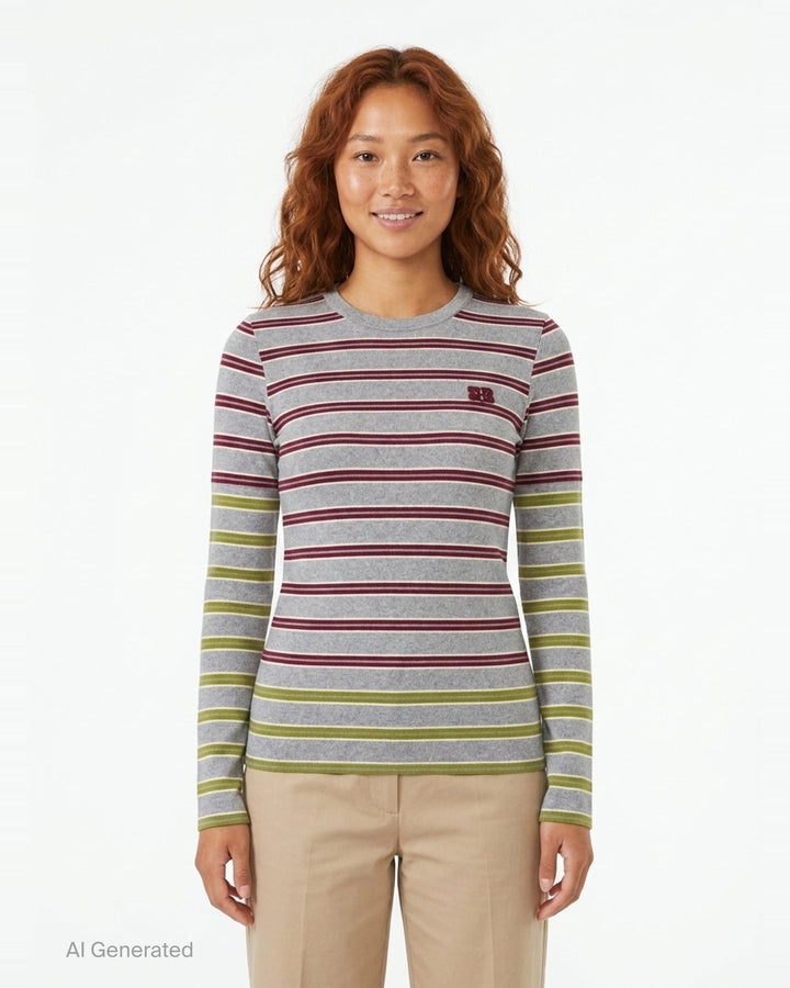 Ganni Soft Cotton Rib Long Sleeve Top in heathered grey with burgundy and olive-yellow horizontal stripes, featuring an embroidered Ganni logo on the chest and a round neckline - front