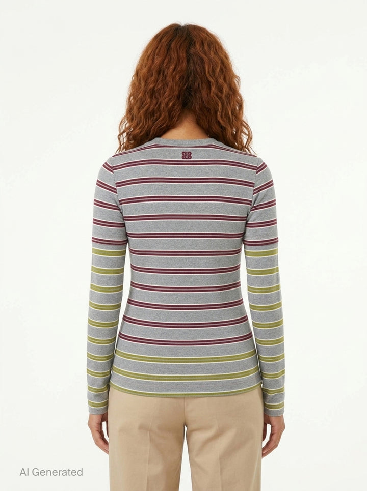 Ganni Soft Cotton Rib Long Sleeve Top in heathered grey with burgundy and olive-yellow horizontal stripes, featuring an embroidered Ganni logo on the chest and a round neckline - back