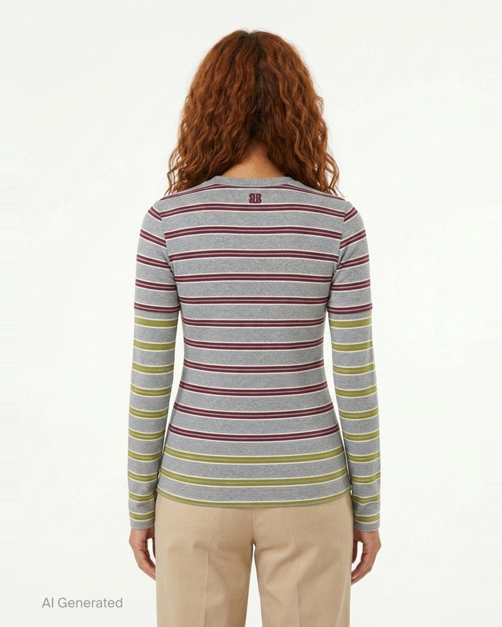 Ganni Soft Cotton Rib Long Sleeve Top in heathered grey with burgundy and olive-yellow horizontal stripes, featuring an embroidered Ganni logo on the chest and a round neckline - back