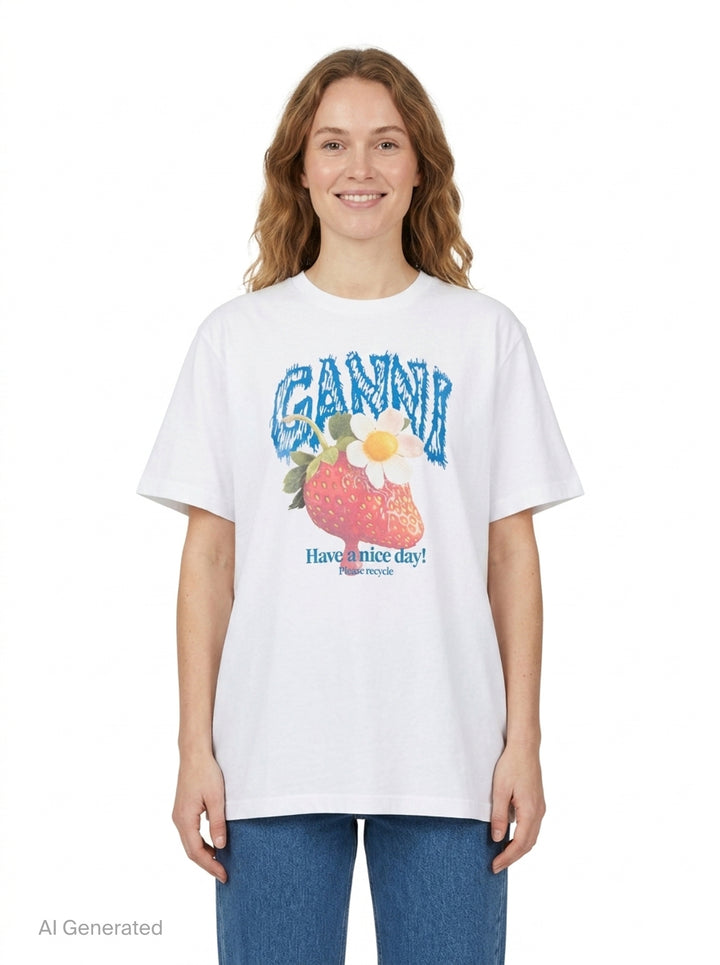 Strawberry Graphic Cotton Tee | Ganni | Club21 - front