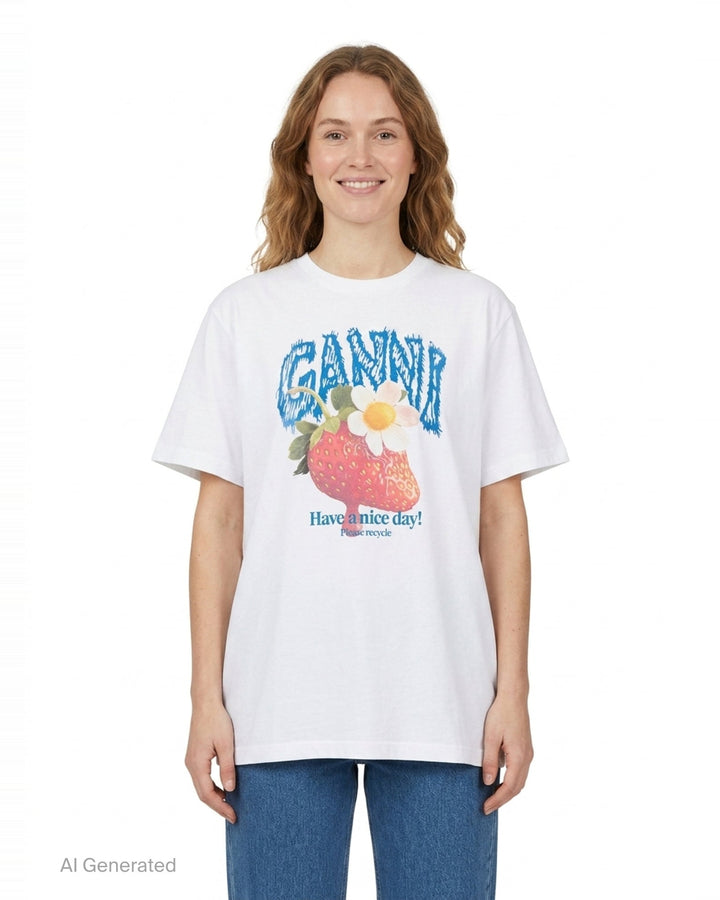 Strawberry Graphic Cotton Tee | Ganni | Club21 - front