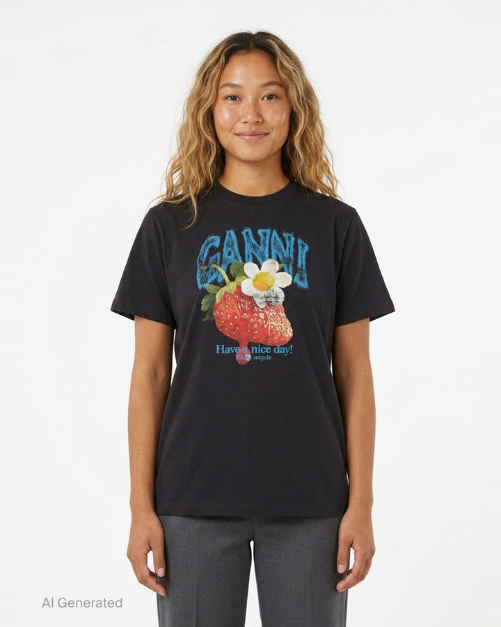 Strawberry Graphic Cotton Tee | Ganni | Club21 - front