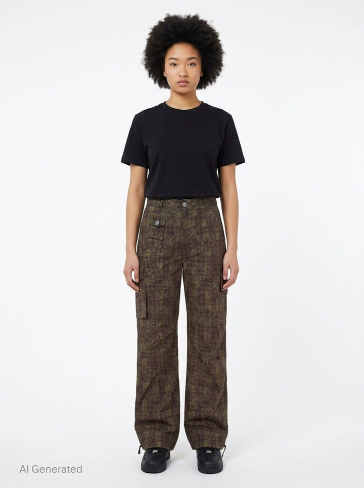 Ganni Stretch Cotton Cargo Pants in olive and burgundy mixed tartan and floral paisley print with cargo patch pockets and drawstring ankles, flat lay front view - front