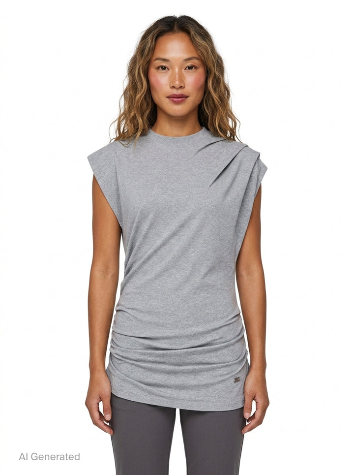 Ganni Stretch Heavy Jersey Draped Blouse in heather grey marl, featuring an asymmetric shoulder drape, mock neckline, cap sleeves, and gathered ruching at the hem - front