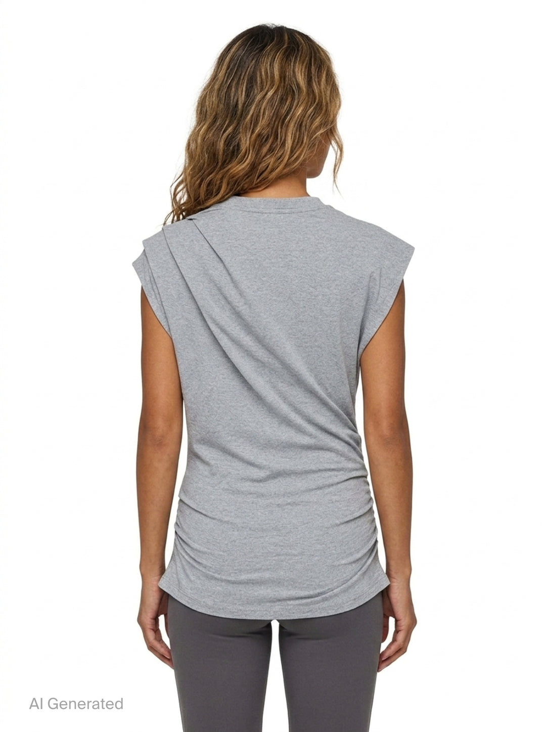 Ganni Stretch Heavy Jersey Draped Blouse in heather grey marl, featuring an asymmetric shoulder drape, mock neckline, cap sleeves, and gathered ruching at the hem - back