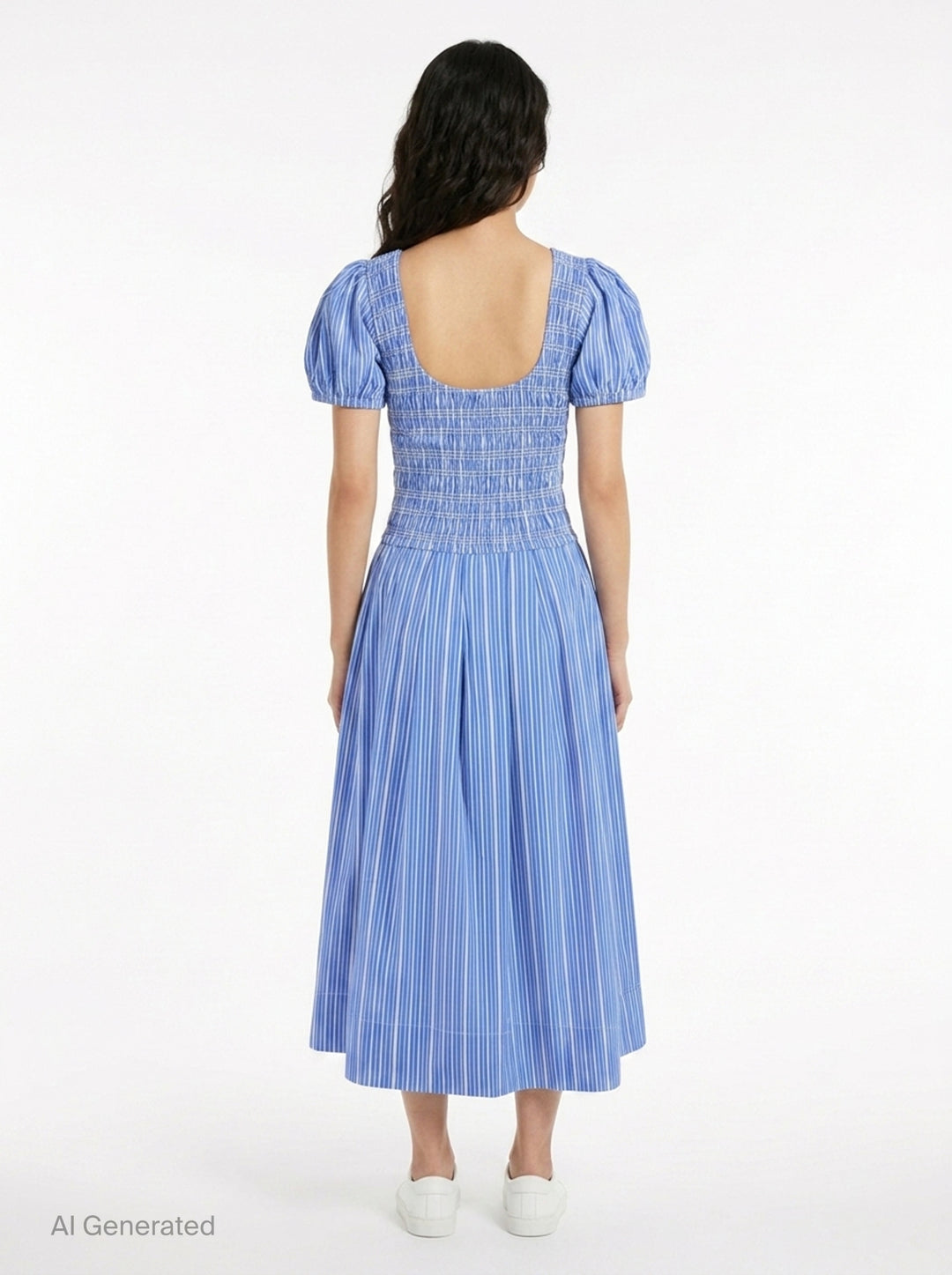 Stripe Cotton Smocked Long Dress | Ganni | Club21 - back